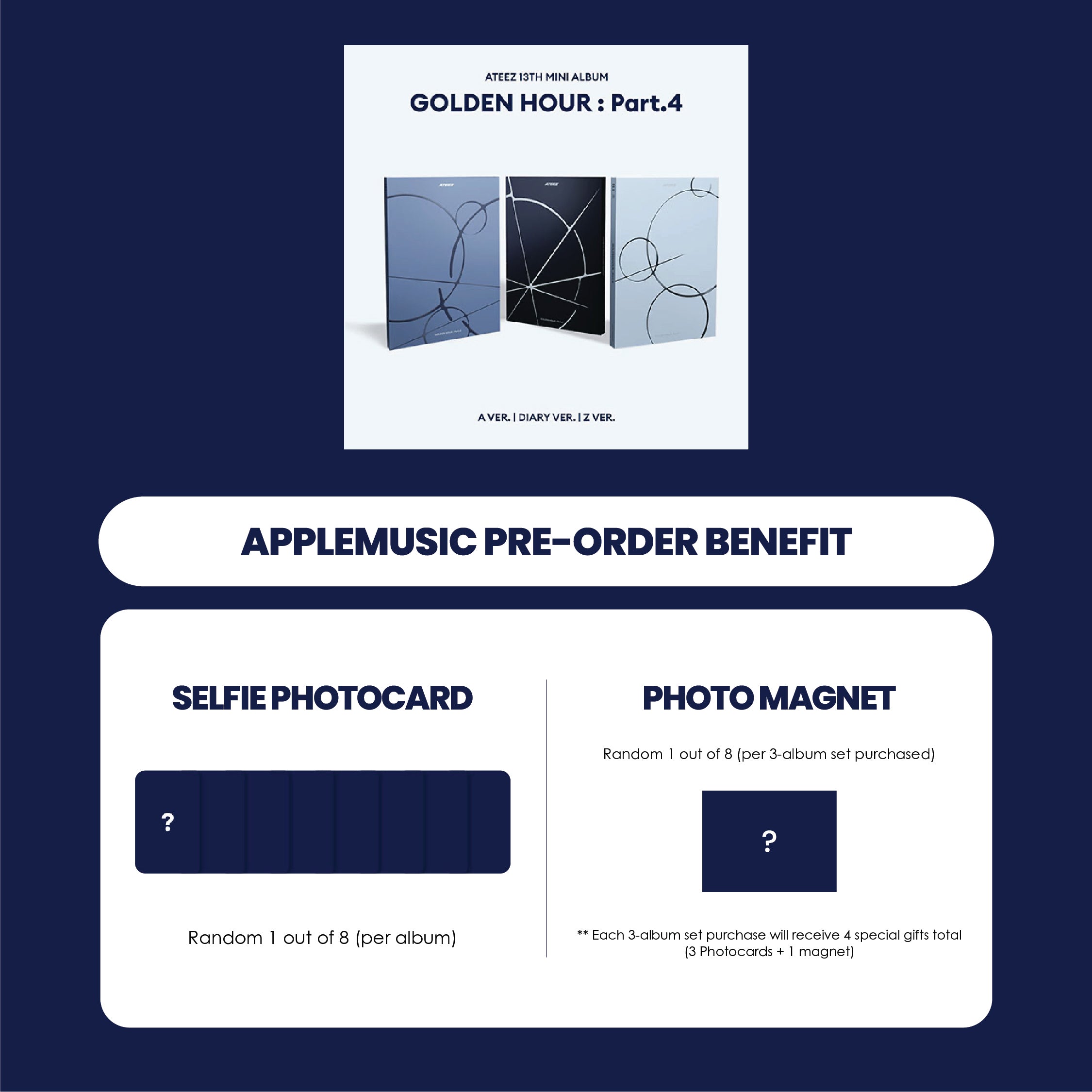 ATEEZ 13TH MINI ALBUM - GOLDEN HOUR : PART.4 (KOREA VER.) + APPLEMUSIC PHOTOCARD + PHOTO MAGNET (PRE-ORDER)