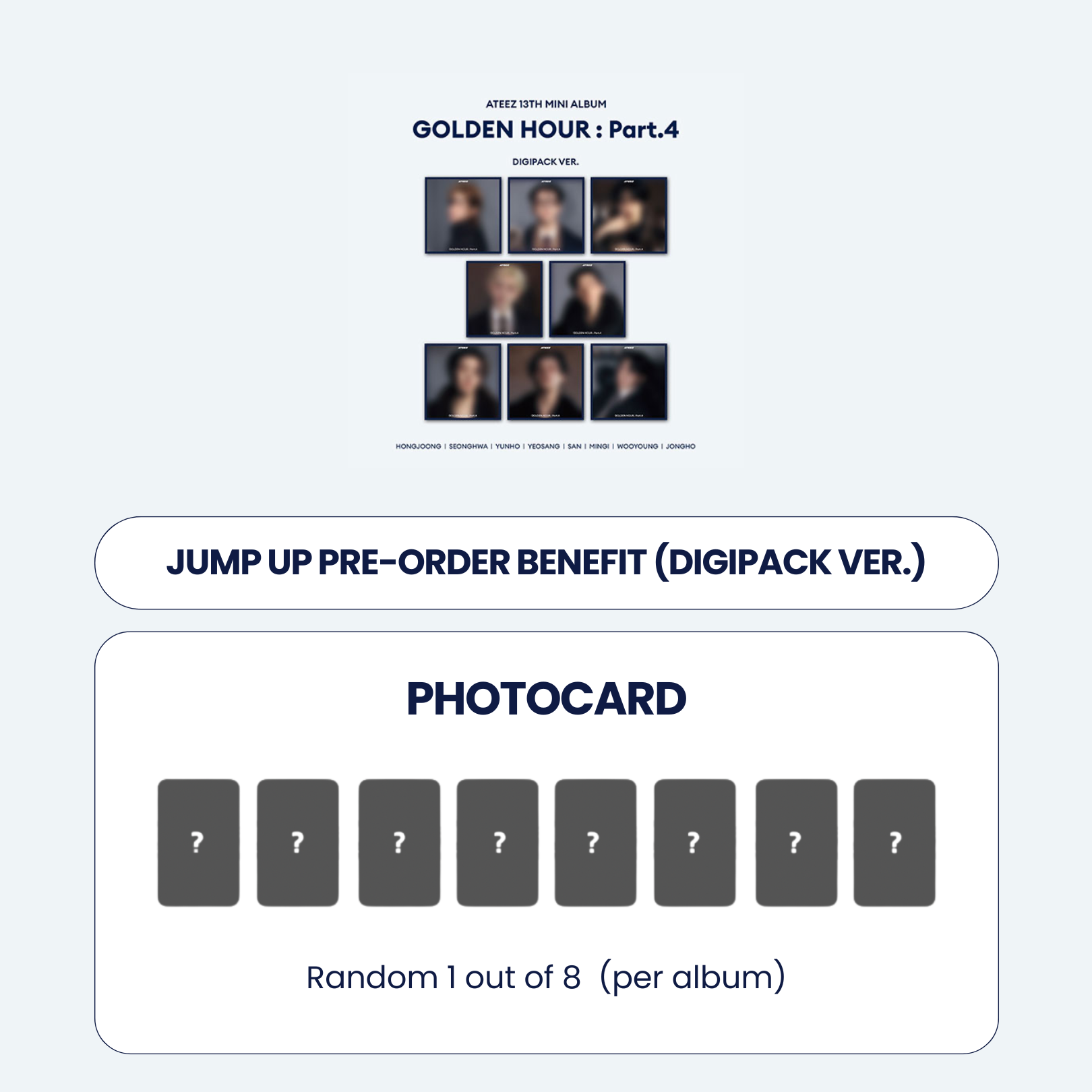 ATEEZ 13TH MINI ALBUM - GOLDEN HOUR : PART.4 (KOREA VER.) (DIGIPACK) + JUMP UP PHOTOCARD (PRE-ORDER)