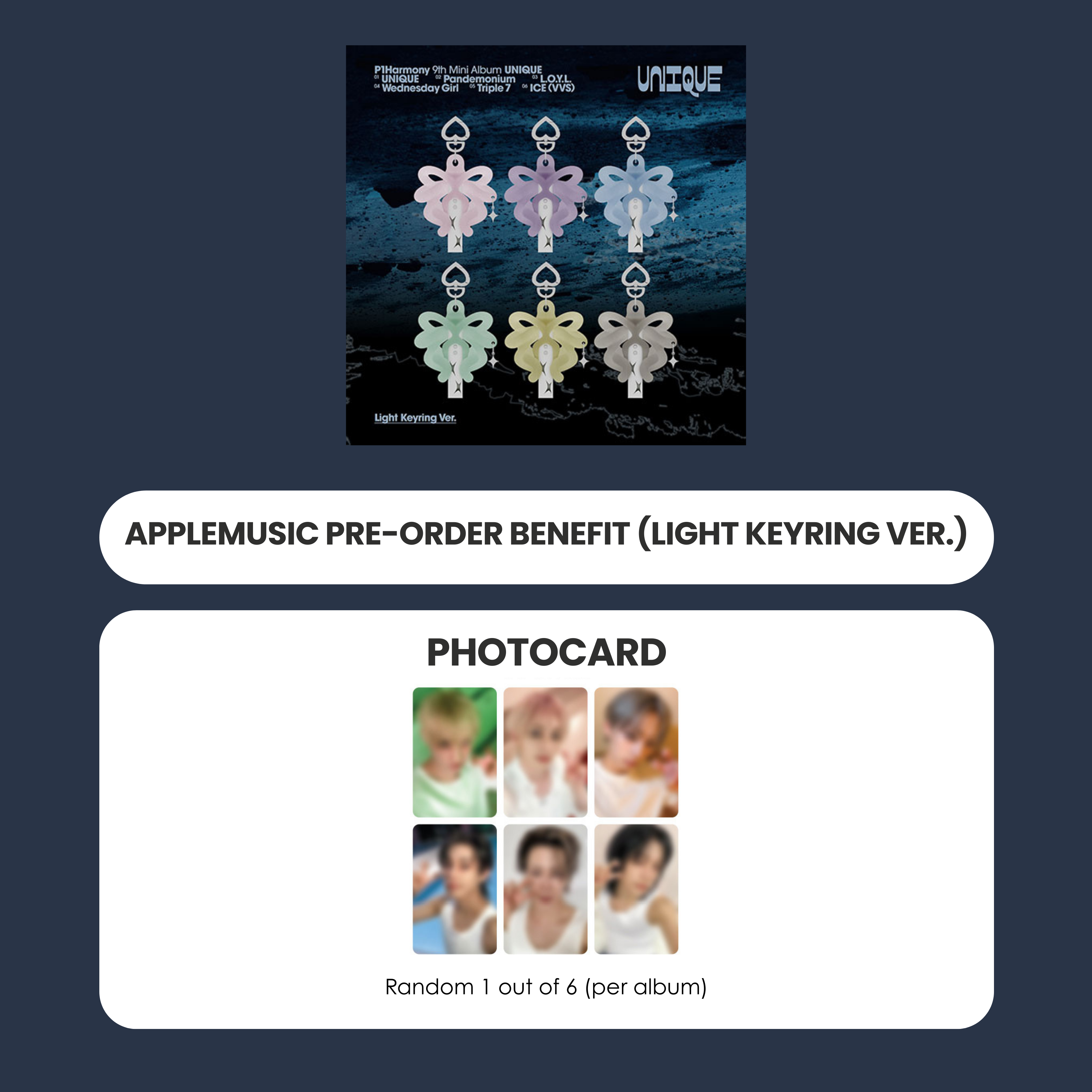P1HARMONY 9TH MINI ALBUM - UNIQUE (LIGHT KEYRING VER) + APPLEMUSIC PHOTOCARD (PRE-ORDER)