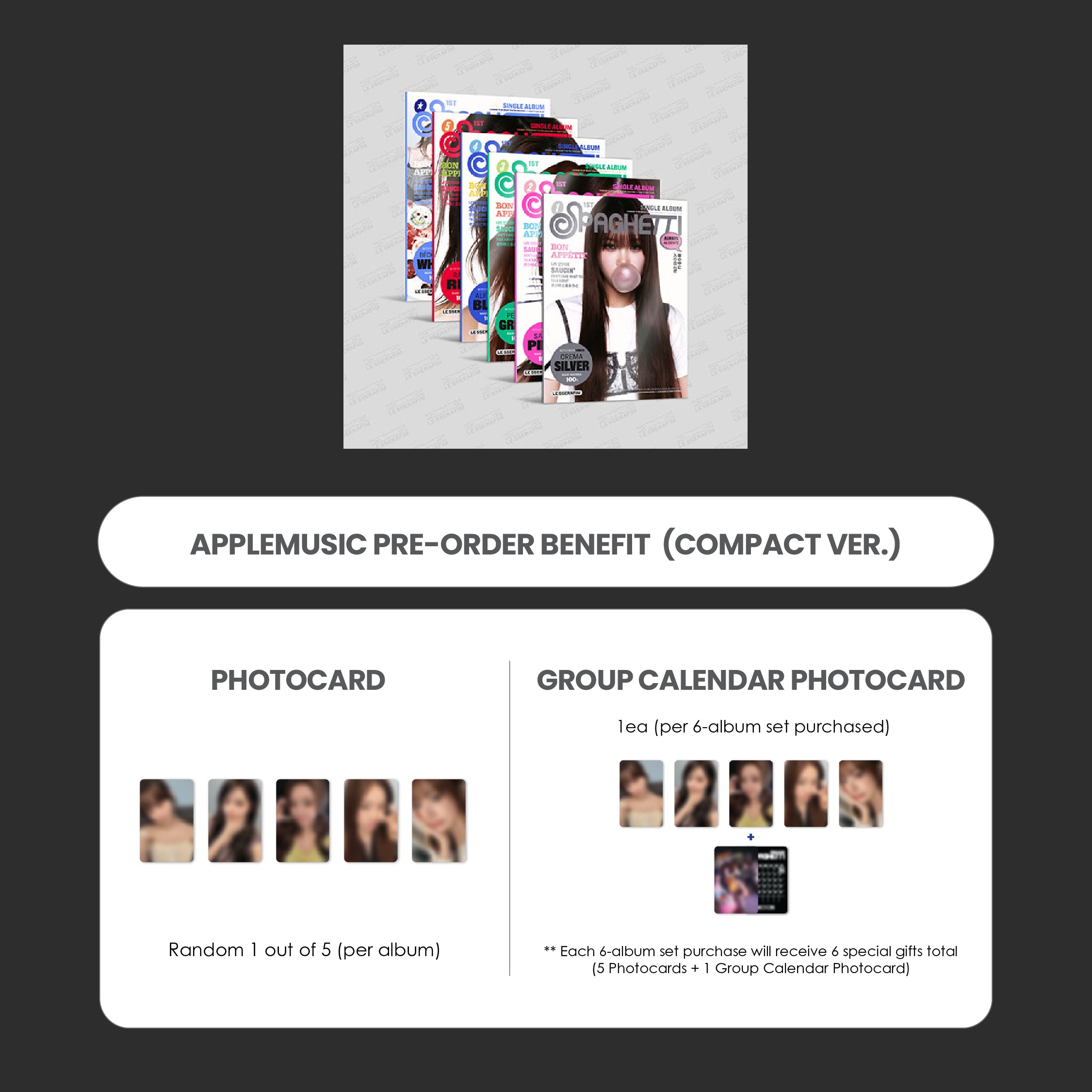 LE SSERAFIM 1ST SINGLE ALBUM - SPAGHETTI (COMPACT VER.) + APPLEMUSIC PHOTOCARD (PRE-ORDER)