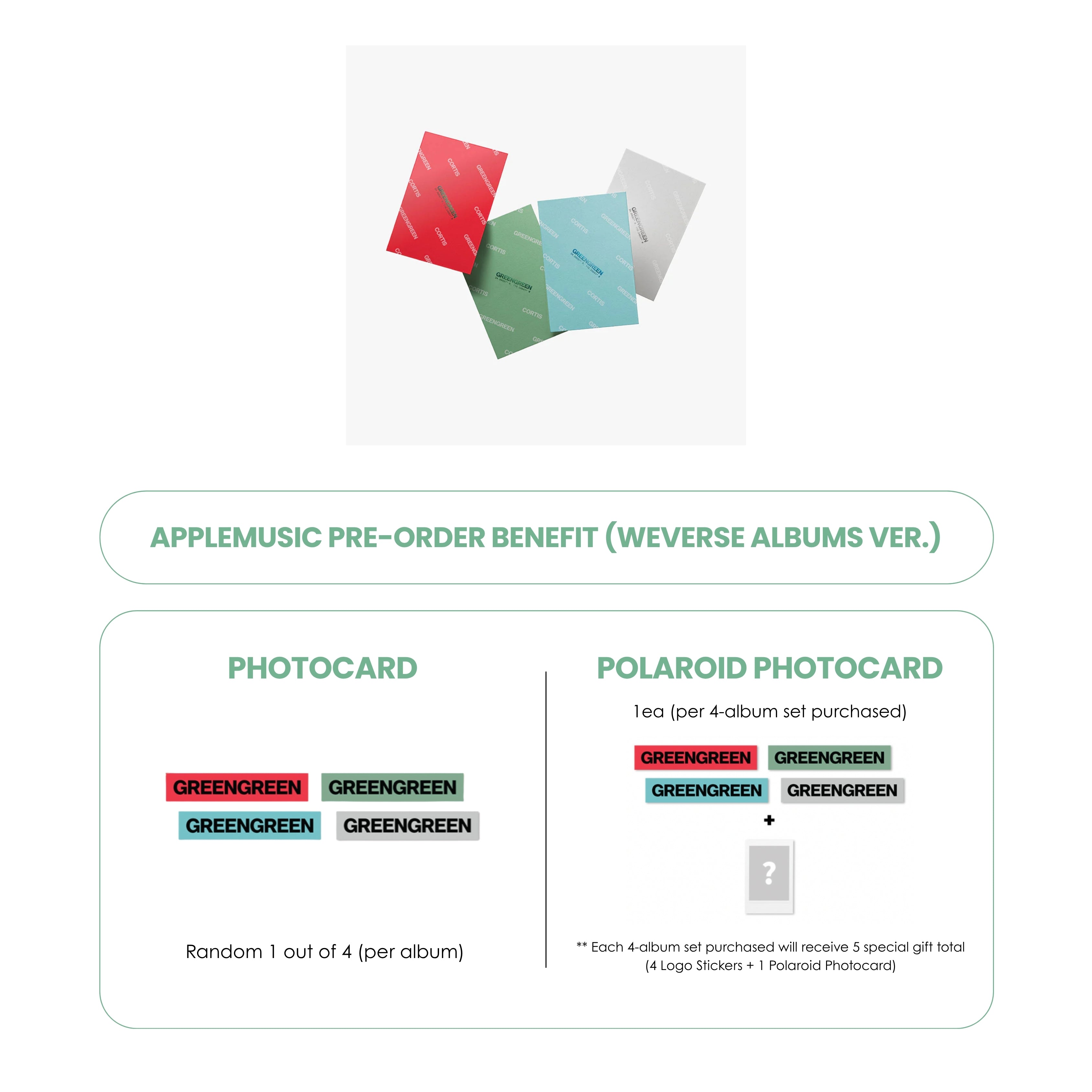 CORTIS 2ND EP ALBUM - GREENGREEN (WEVERSE ALBUMS VER.) + APPLEMUSIC LOGO STICKER + POLAROID PHOTOCARD (PRE-ORDER)