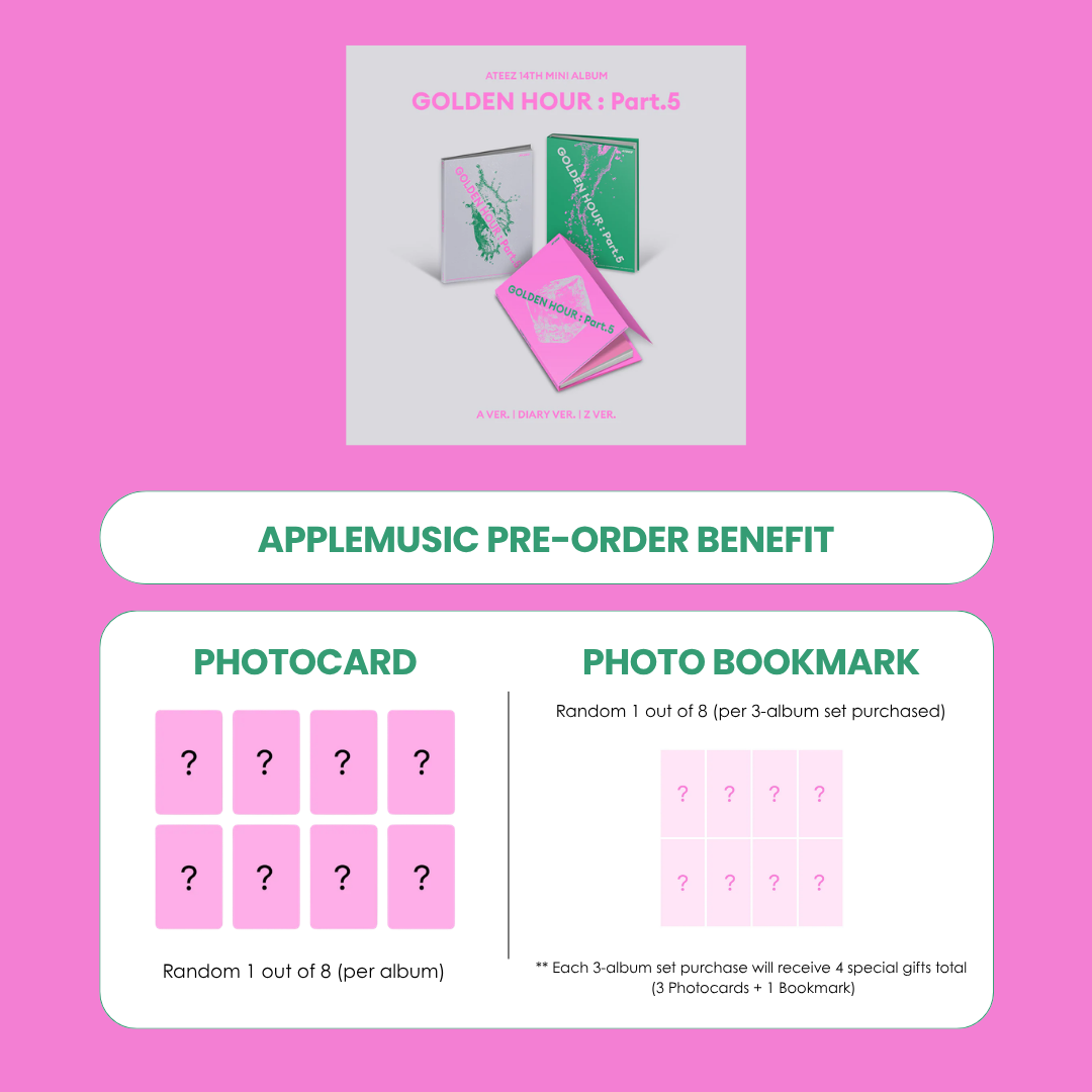 ATEEZ 13TH MINI ALBUM - GOLDEN HOUR : PART.5 (KOREA VER.) + APPLEMUSIC PHOTOCARD + PHOTO BOOKMARK (PRE-ORDER)