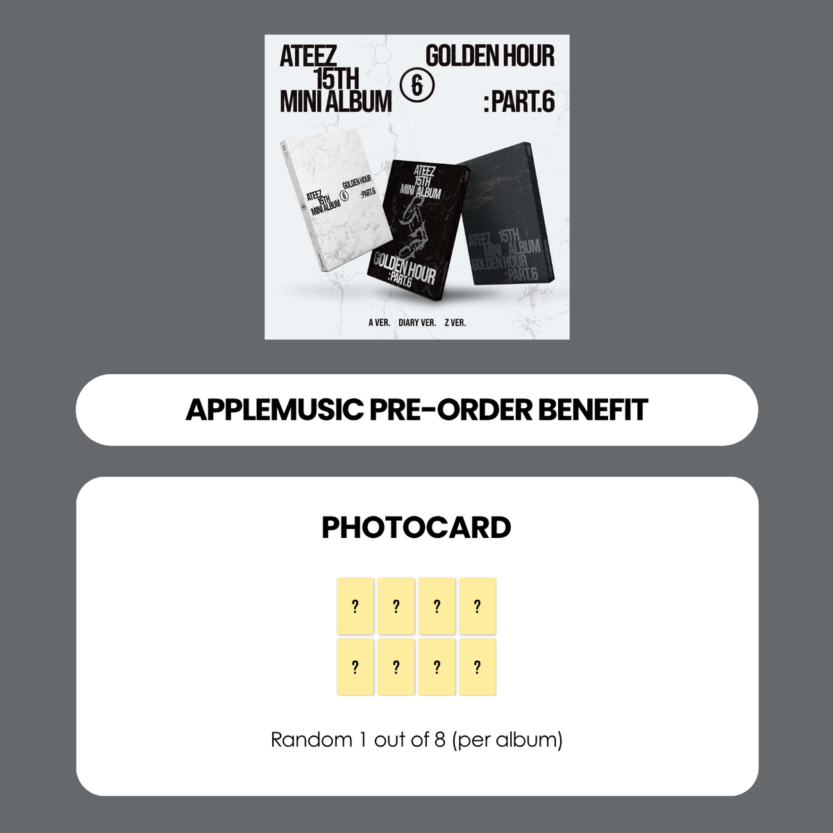 ATEEZ 15TH MINI ALBUM - GOLDEN HOUR : PART.6 (KOREA VER.) + APPLEMUSIC PHOTOCARD (PRE-ORDER)