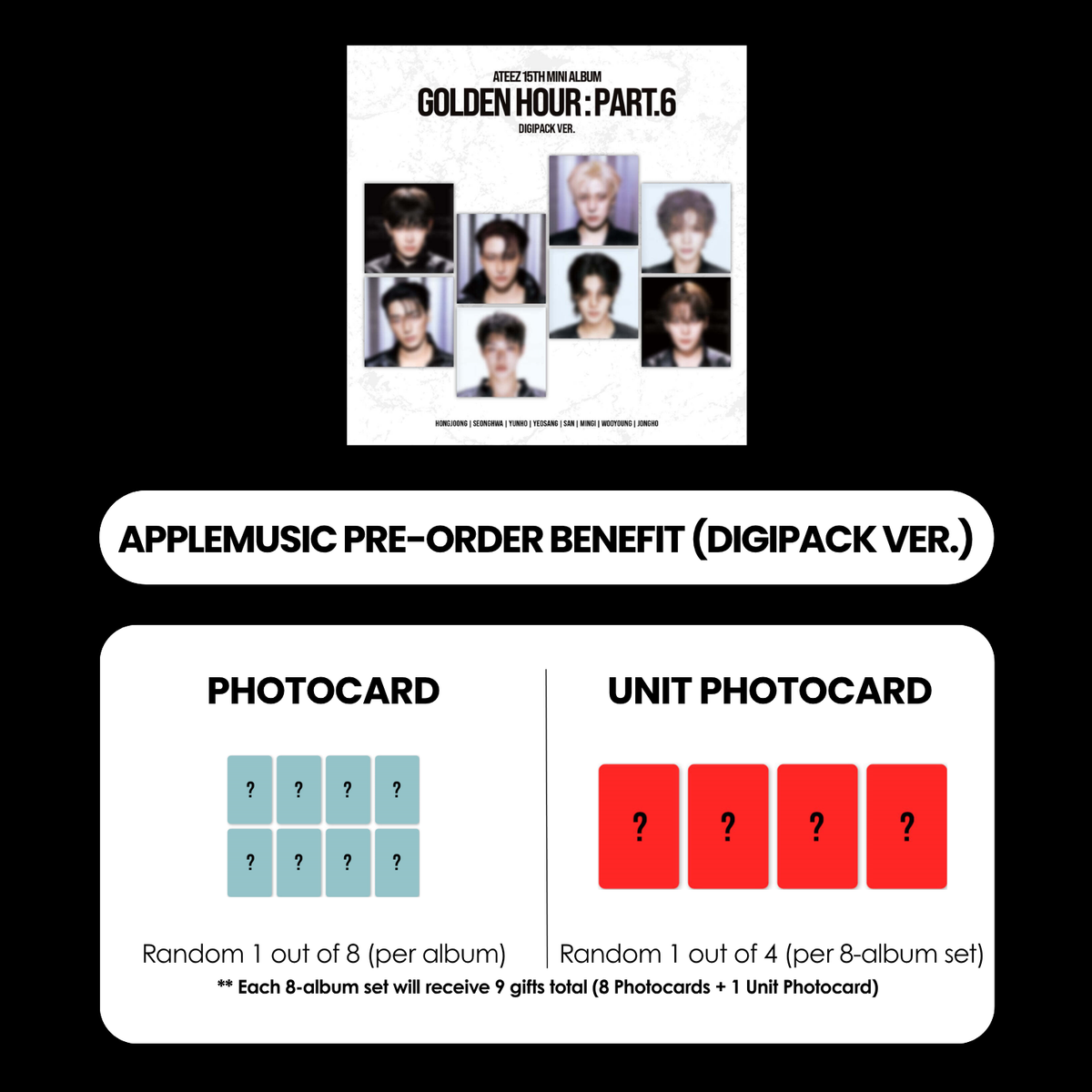 ATEEZ 15TH MINI ALBUM - GOLDEN HOUR : PART.6 (KOREA VER.) (DIGIPACK VER.) + APPLEMUSIC PHOTOCARD (PRE-ORDER)