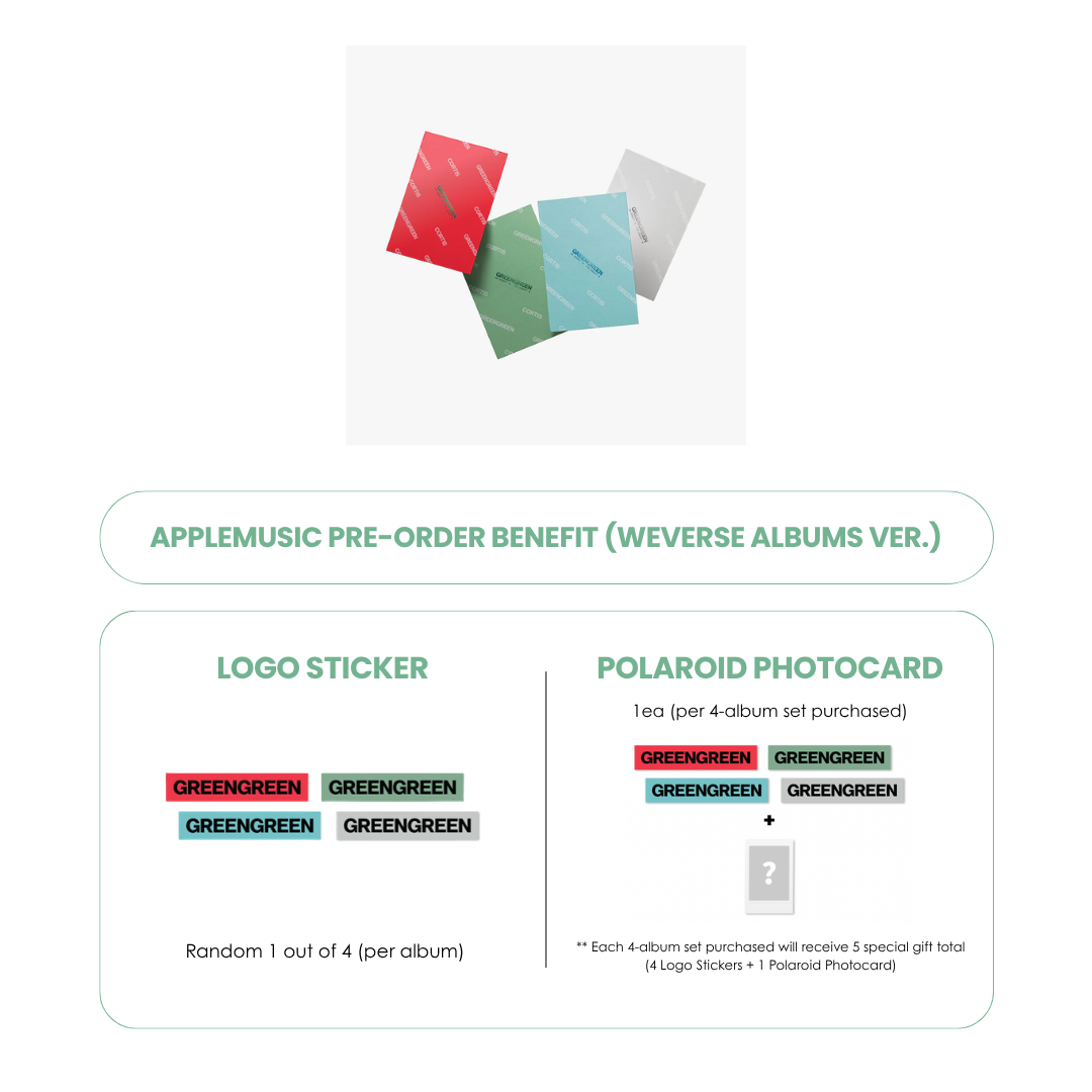 CORTIS 2ND EP ALBUM - GREENGREEN (WEVERSE ALBUMS VER.) + APPLEMUSIC LOGO STICKER + POLAROID PHOTOCARD